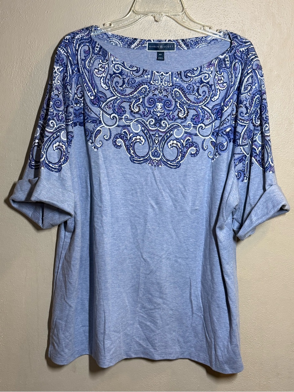 NWOT Karen Scott Light Blue Paisley Print Yoke Scoop Neck Top Sz 4X